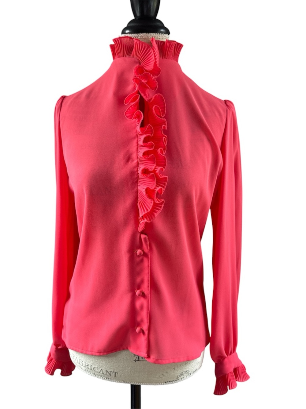 MALBE 1960’s/70’s coral poly chiffon ruffled‎ neck blouse size 6
